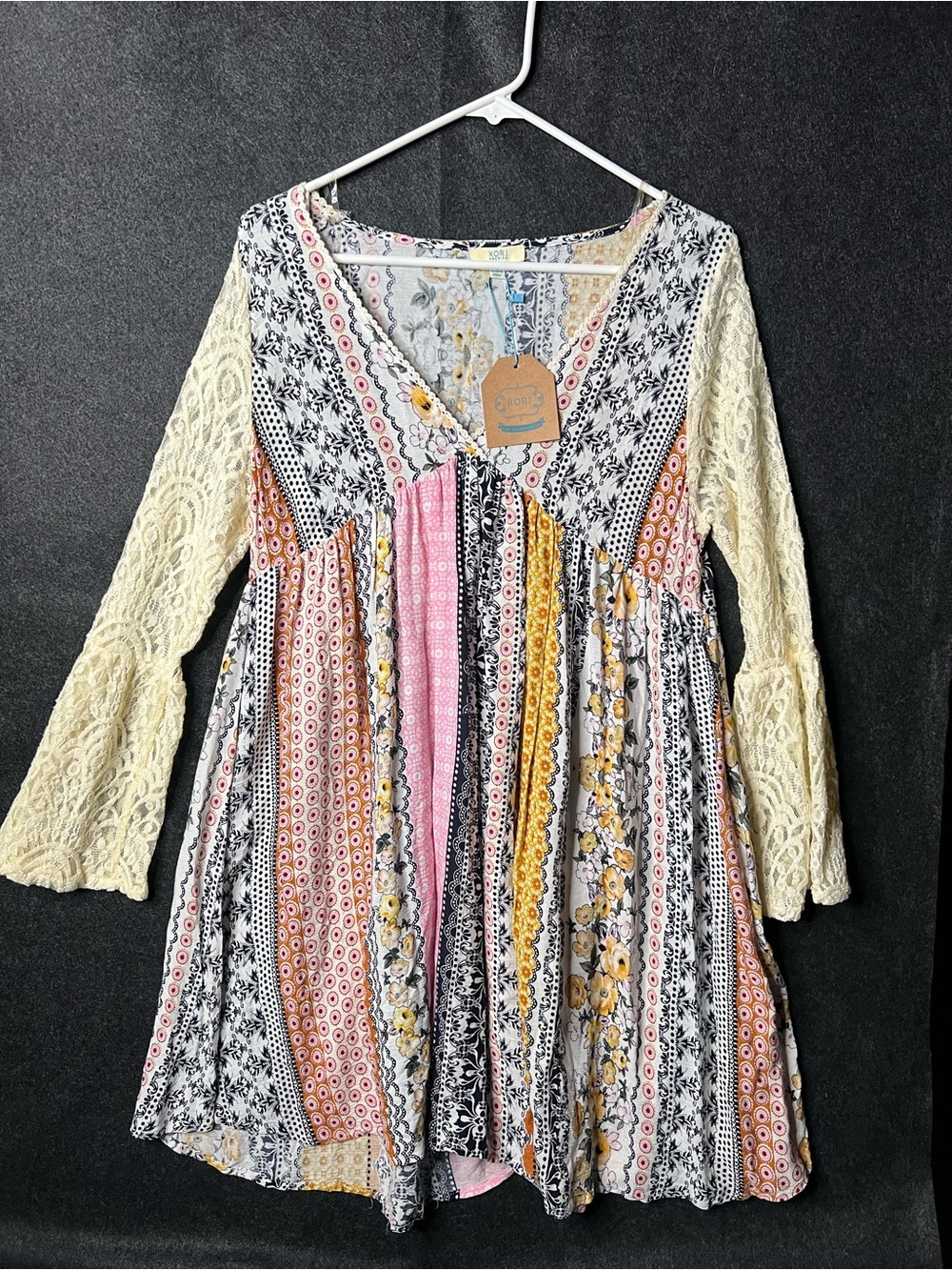 NWT Kori America Quilted Babydoll Lace Dress BOHO Women's Size S Floral Pattern